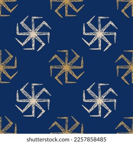 Seamless geometrical pattern with abstract round star shapes. Ancient Greek solar symbol. Hand drawn rough sketch. Yellow and white silhouettes on blue background.