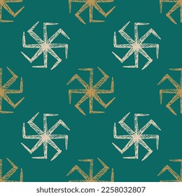 Seamless geometrical pattern with abstract round star shapes. Ancient Greek solar symbol. Hand drawn rough sketch. Yellow and white silhouettes on green background.