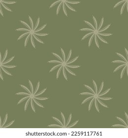 Seamless geometrical pattern with abstract round spiral mandalas. White silhouettes on green background.