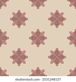 Seamless geometrical pattern with abstract round star shape mandalas. Old Russian folk style. On light background.
