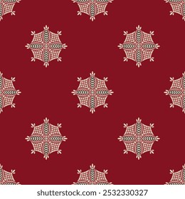 Patrón geométrico sin fisuras con mandalas redondos abstractos en forma de estrella. Antiguo estilo folclórico ruso. Sobre fondo rojo.