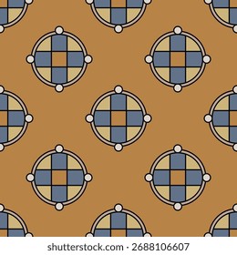 Patrón geométrico sin fisuras con mandalas redondos abstractos. Diseño europeo medieval. Sobre fondo naranja.