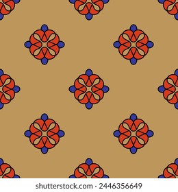 Seamless geometrical pattern with abstract shapes. Floral polka dot. On yellow background.