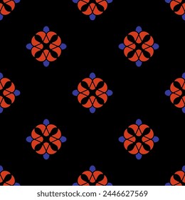 Seamless geometrical pattern with abstract shapes. Floral polka dot. On black background.