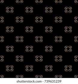 Seamless geometrical pattern with abstract small vignettes. Bronze on black.