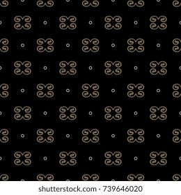 Seamless geometrical pattern with abstract small vignettes and tiny round rings. Bronze and white on black.