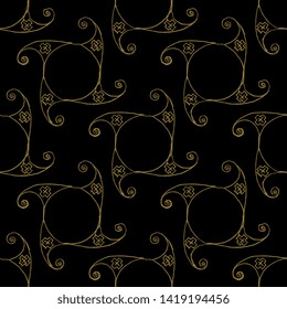 Seamless geometrical pattern with abstract tribal shapes. Hand drawn linear golden silhouettes on black background.
