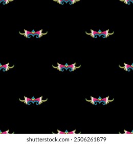 Patrón geométrico sin fisuras con motivos vintage abstractos. Estilo Folk. Sobre fondo negro.