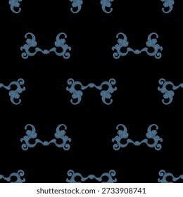 Nahtloses geometrisches Muster mit abstrakten Vintage-Vignetten. Barock. Blaues Design auf schwarzem Hintergrund.