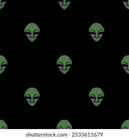 Seamless geometrical pattern with alien faces. Green silhouettes on black background.