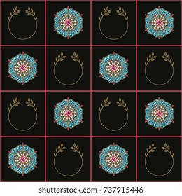 Seamless geometrical pattern with alternating images of antique jewelry pieces and abstract floral wreaths inside square grid.