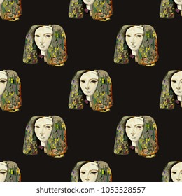 Seamless geometrical pattern with ancient Egyptian female heads.