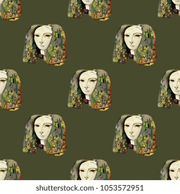 Seamless geometrical pattern with ancient Egyptian female heads.