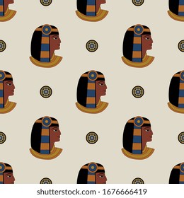 Seamless geometrical pattern with ancient Egyptian motifs. Portrait of pharaoh or queen.