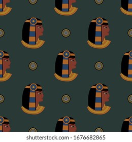Seamless geometrical pattern with ancient Egyptian motifs. Portrait of pharaoh or queen.