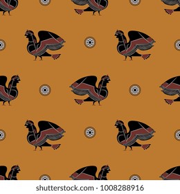 Seamless geometrical pattern with ancient Greek ethnic motifs. Silhouettes of fantastic female birds and abstract polka dots.