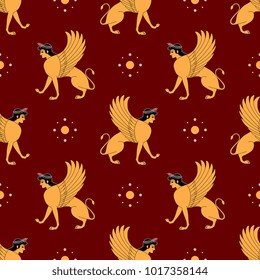 Seamless geometrical pattern with ancient Greek Sphynx. Fantastic mythological creature.
