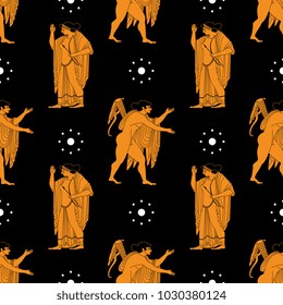 Seamless geometrical pattern with ancient Greek god Apollo and goddess Artemis and abstract polka dots. Based on classic vase painting.
