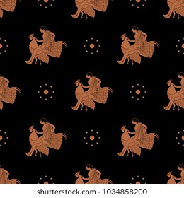 Seamless geometrical pattern with ancient Greek mythological motifs. Silhouettes of a young man astride a rooster and abstract polka dots. Based on authentic vase painting motif.