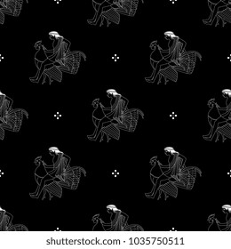 Seamless geometrical pattern with ancient Greek mythological motifs. Handsome young man riding a rooster. Linear white silhouettes on black background.