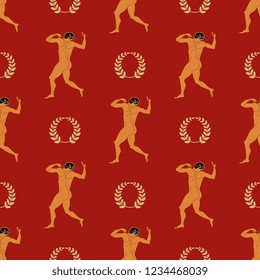 Seamless geometrical pattern with ancient Greek athletes and laurel wreaths. Cartoon style.