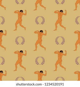 Seamless geometrical pattern with ancient Greek athletes and laurel wreaths. Cartoon style.