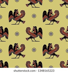 Seamless geometrical pattern with ancient Greek ethnic motifs. Fantastic mythological creature. Bearded male winged siren. Half bird half man.