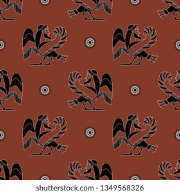 Seamless geometrical pattern with ancient Greek ethnic motifs. Fantastic mythological creature. Bearded male winged siren. Half bird half man.