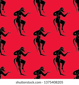 Seamless geometrical pattern with ancient Greek ethnic motifs. Silhouettes of dancing satyrs. Vase painting style.