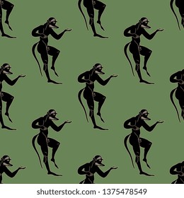 Seamless geometrical pattern with ancient Greek ethnic motifs. Silhouettes of dancing satyrs. Vase painting style.