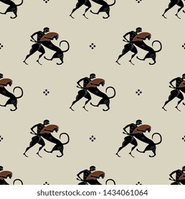 Seamless geometrical pattern with ancient Greek mythological motifs. Heracles or Hercules fighting a lion.