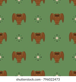 Seamless geometrical pattern with ancient Greek stylized owls and abstract polka dots.