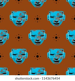 Seamless geometrical pattern with ancient masks of Mexican Maya Indians and abstract polka dots. Cartoon style.