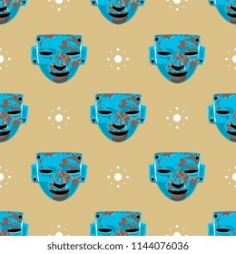 Seamless geometrical pattern with ancient masks of Mexican Maya Indians and abstract polka dots. Cartoon style.