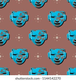 Seamless geometrical pattern with ancient masks of Mexican Maya Indians and abstract polka dots. Cartoon style.