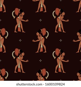 Seamless geometrical pattern with ancient Mayan men. Pre-Columbian Mexican tribal motifs.