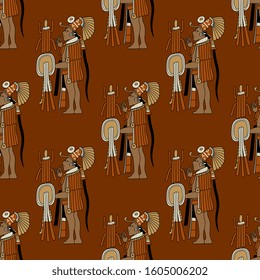 Seamless geometrical pattern with ancient Mayan men. Pre-Columbian Mexican art. 