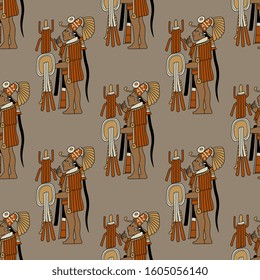 Seamless geometrical pattern with ancient Mayan men. Pre-Columbian Mexican art.