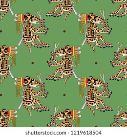 Seamless geometrical pattern with ancient Mexican Aztec motifs. Fantastic ethnic jaguar. Cartoon style.
