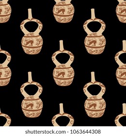 Seamless geometrical pattern with ancient Peruvian Mochica vessels. Indian Moche culture of Peru. Ethnic style.