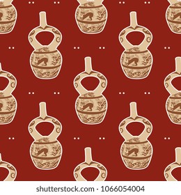 Seamless geometrical pattern with ancient Peruvian Moche vessels. Mochica culture of Peru. Ethnic style.