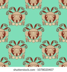 Seamless geometrical pattern with ancient Peruvian Moche motif. Heads of fantastic anthropomorphic octopuses. Ethnic style. Based on tribal art of Moche Indians of Peru.