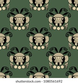 Seamless geometrical pattern with ancient Peruvian Moche motif. Heads of fantastic anthropomorphic octopuses. Ethnic style. Based on tribal art of Moche Indians of Peru.