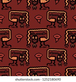 Seamless geometrical pattern with ancient Peruvian motifs. Fantastic mythological animal. Paracas culture. Cartoon style.