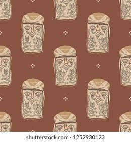 Seamless geometrical pattern with ancient Peruvian artifacts. Paracas mummy bundle. Flat cartoon style.
