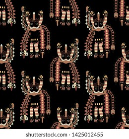 Seamless geometrical pattern with ancient Peruvian tribal motifs from Paracas. Fantastic flying monster creatures. Pre Columbian Native American art.