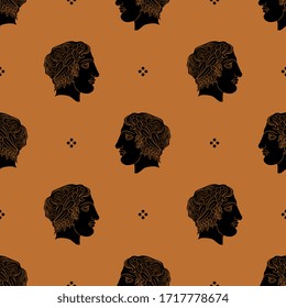 Seamless geometrical pattern with antique heads. Ancient Greek hero. 