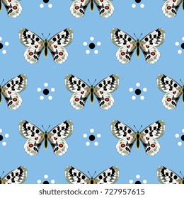 Seamless geometrical pattern with Apollo butterflies and simple polka dot floral motifs.