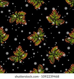 Seamless geometrical pattern with autumn hawthorn leaves and snowflakes. Cartoon style.
