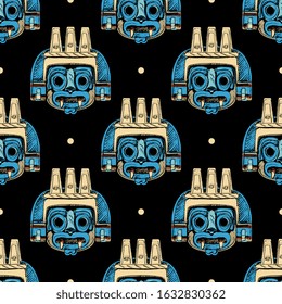 Seamless geometrical pattern with Aztec masks of god Tlaloc. Pre-Columbian Mexican art. Hand drawn rough sketches.